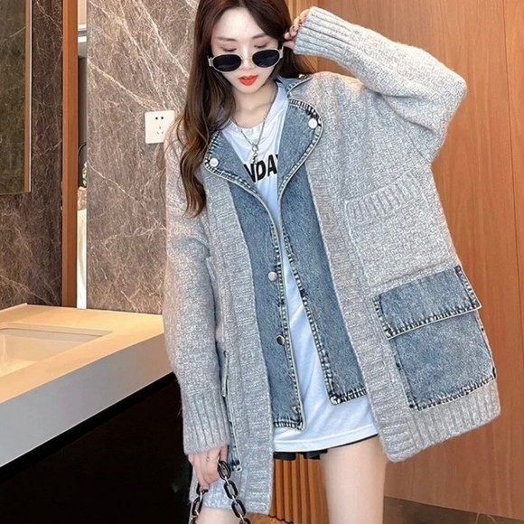 Denim stitched cardigan - Picture 2 of 4